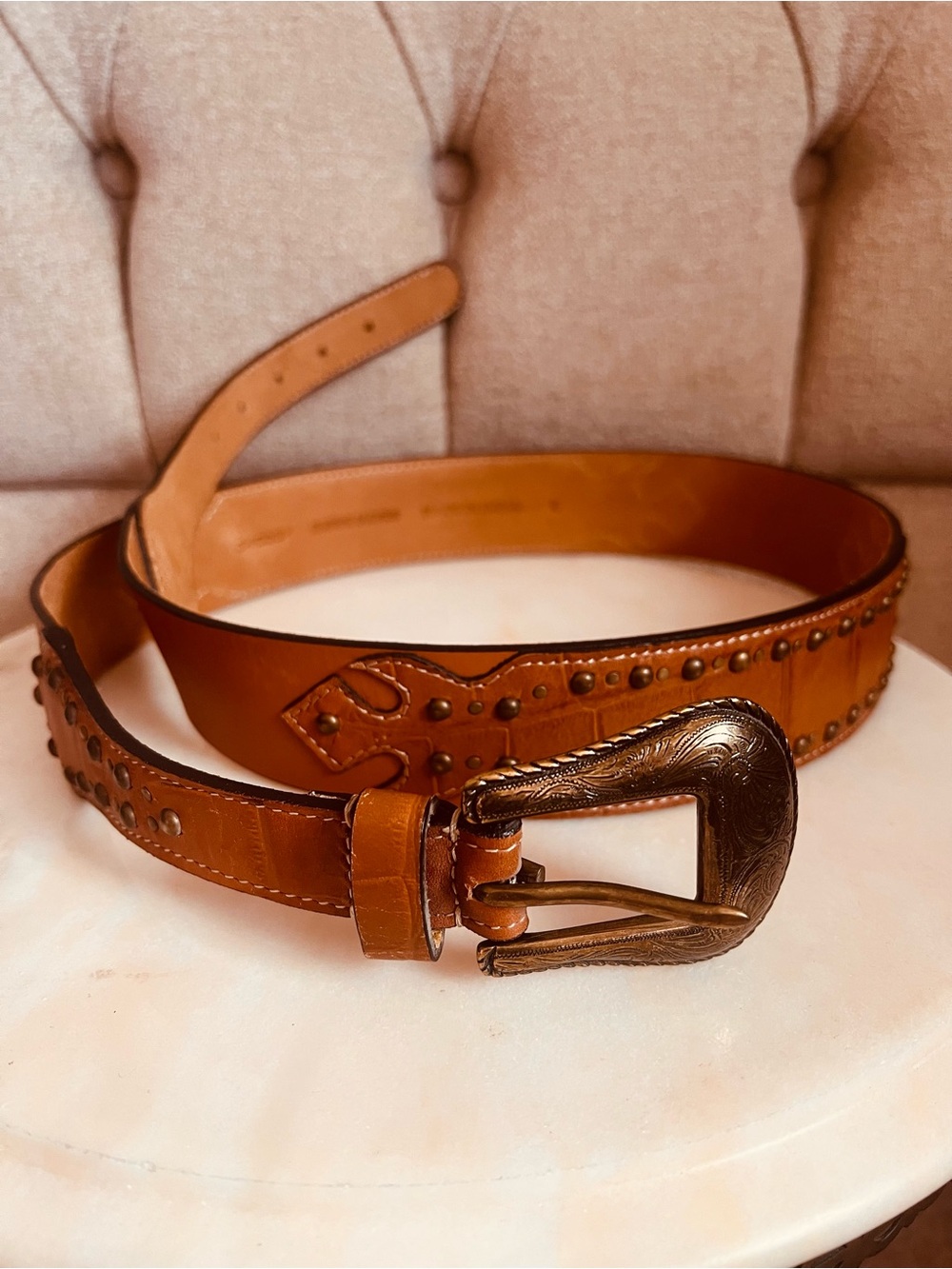 Genuine Leather western belt brass hardware size large L by chico’s